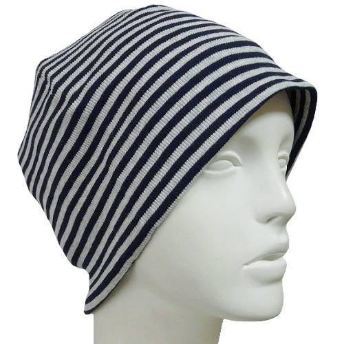 【抗がん剤治療】【医療用帽子】【ケア帽子】 シンプルボーダーニット：ネイビー