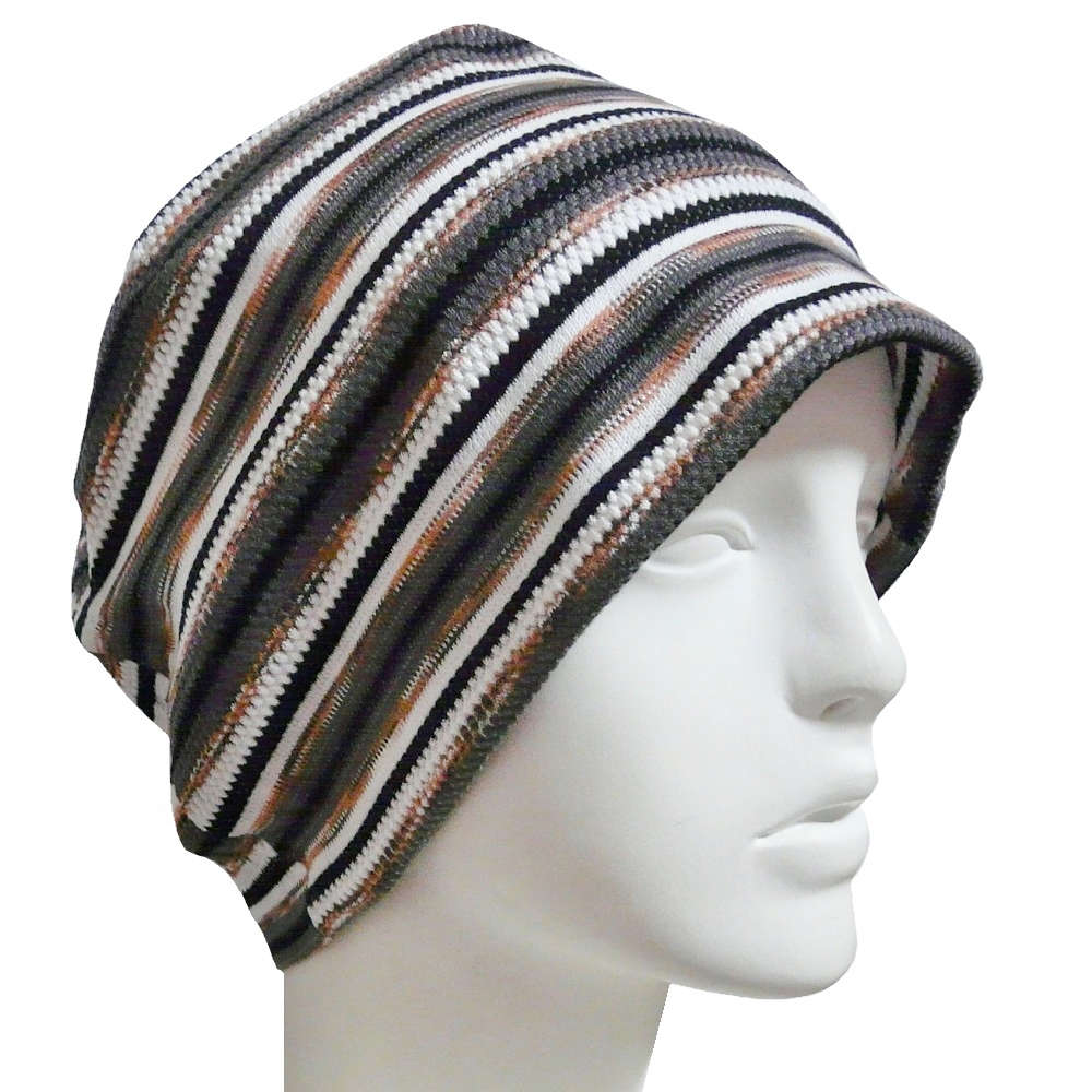 【抗がん剤治療】【医療用帽子】【ケア帽子】 ポップコーンボーダー：グレー