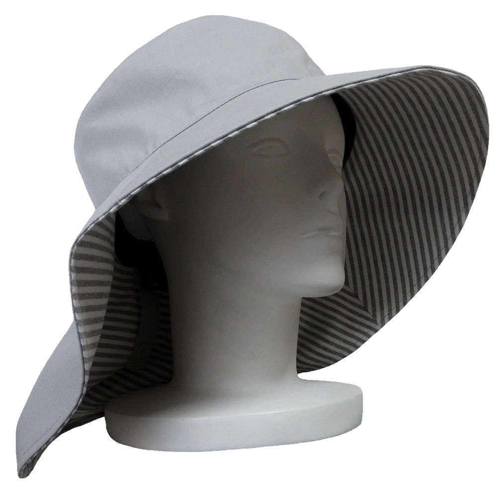 【UV対策】【外出用】 首までしっかりUVガードのつば広帽子：グレー