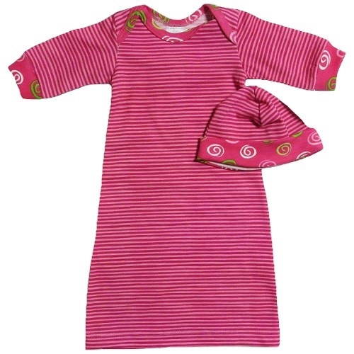 【未熟児】【低出生体重児】【早産児】用 ベビー服：ピンクストライプガウン 帽子付き
