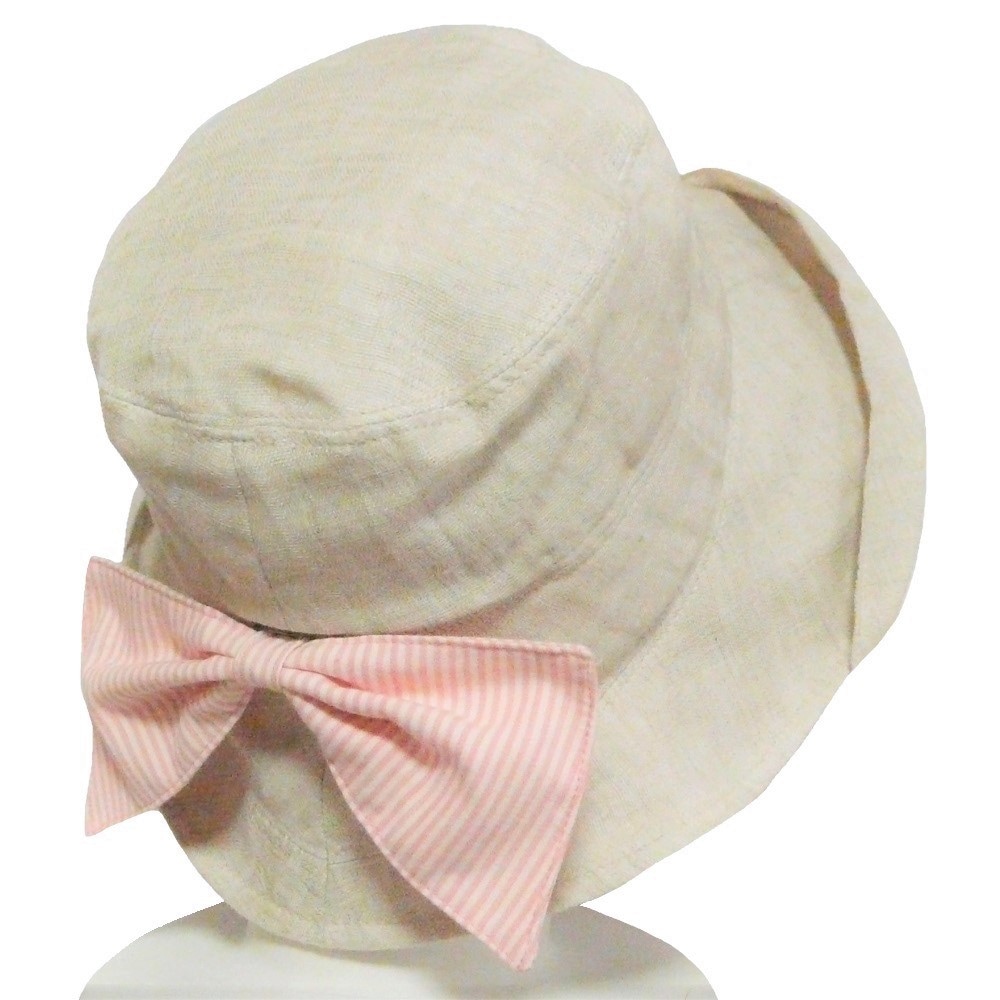 【外出用】【医療用帽子】 麻混オーガニックコットン リボン付チューリップハット：ベージュ