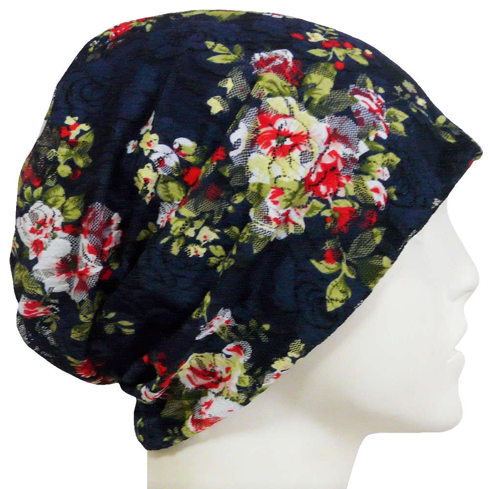 【抗がん剤治療】【医療用帽子】【ケア帽子】 ローズレースルースキャップ：ネイビー