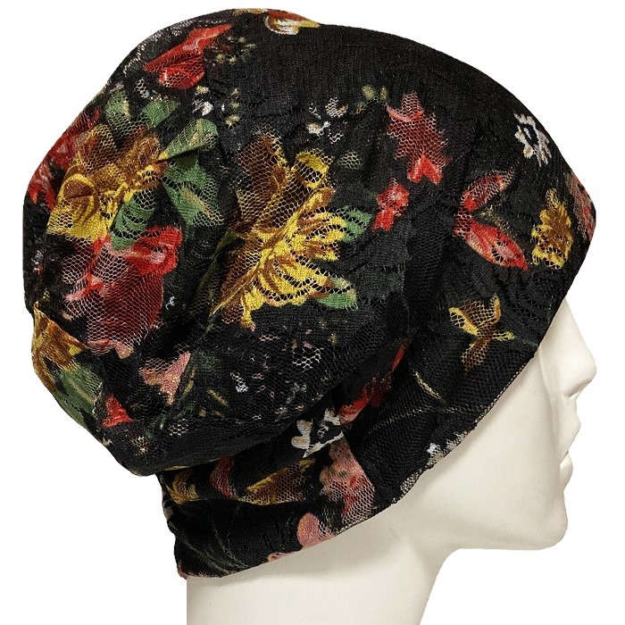 【抗がん剤治療】【医療用帽子】【ケア帽子】 ローズレースルースキャップ：ブラック
