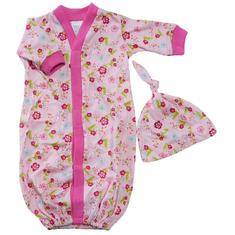 【未熟児】【低出生体重児】【早産児】【NICU】用 ベビー服：長袖ガウン ピンクガーデン 帽子付き【2300-3000g】