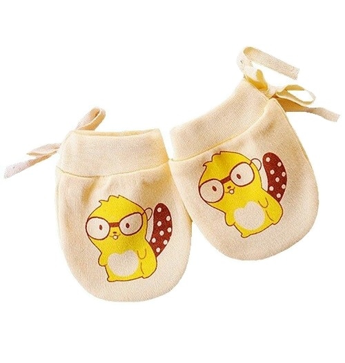 【かきむしり】【保護】 紐調整付き 新生児ミトン：イエローりす