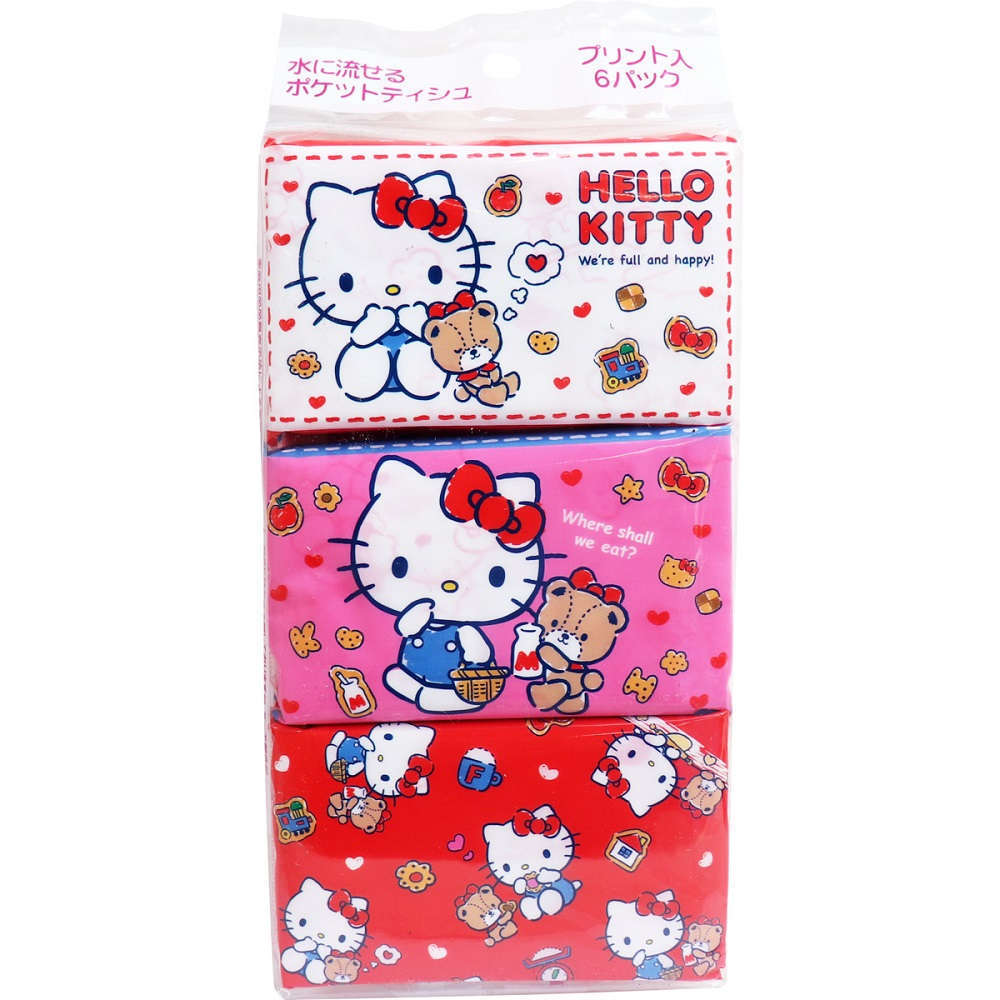 【ポケットティッシュ】 ハローキティ 水に流せるポケットティシュ 16枚(8組)×6個入