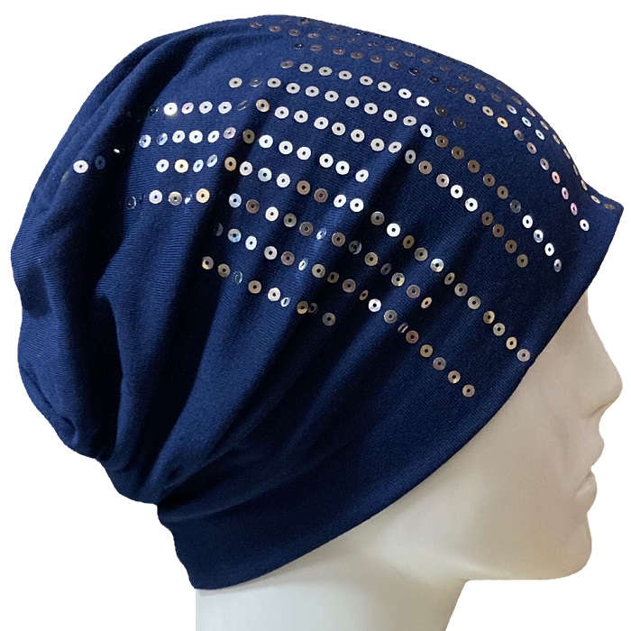 【抗がん剤治療】【医療用帽子】【ケア帽子】 スパークルシークインキャップ：ブルー