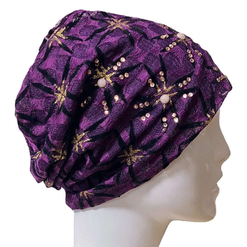 【抗がん剤治療】【医療用帽子】【ケア帽子】 パープルジェム レースルースキャップ