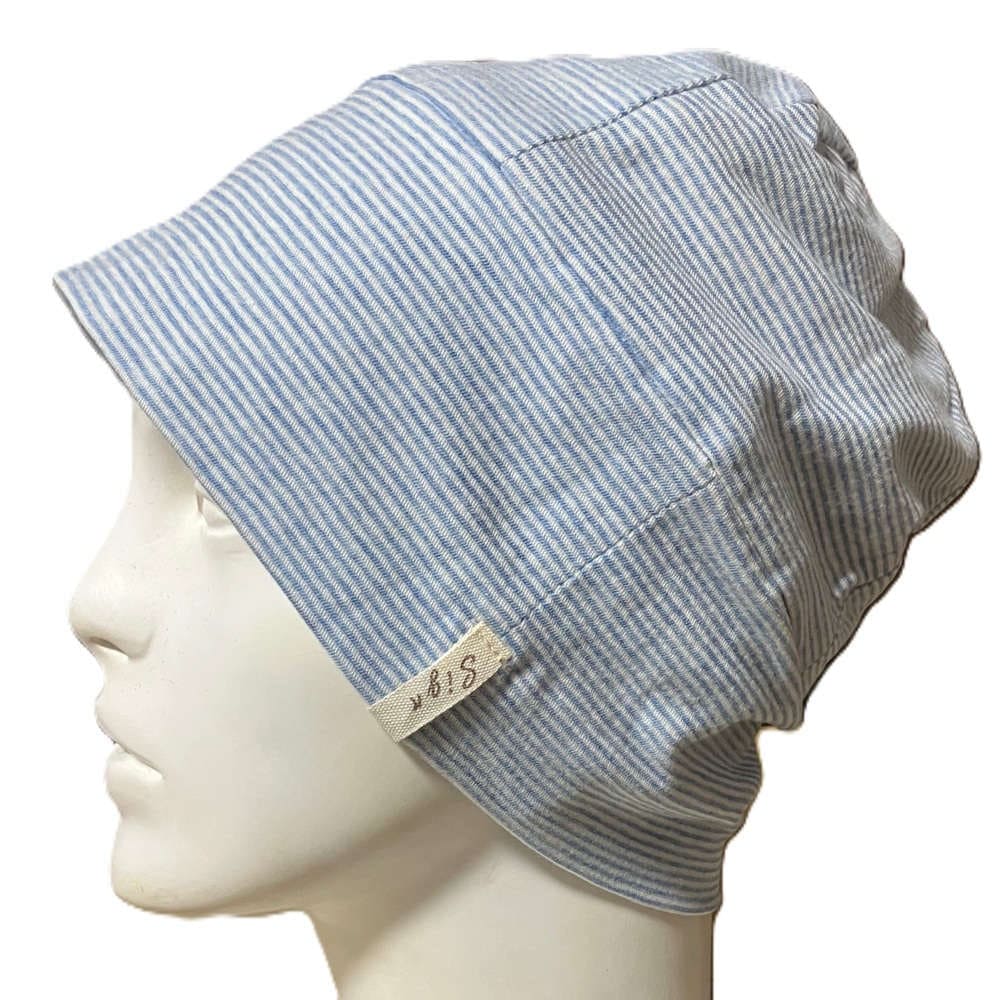 【抗がん剤治療】【医療用帽子】【ケア帽子】アイコニックボーダーシャロット：ブルー