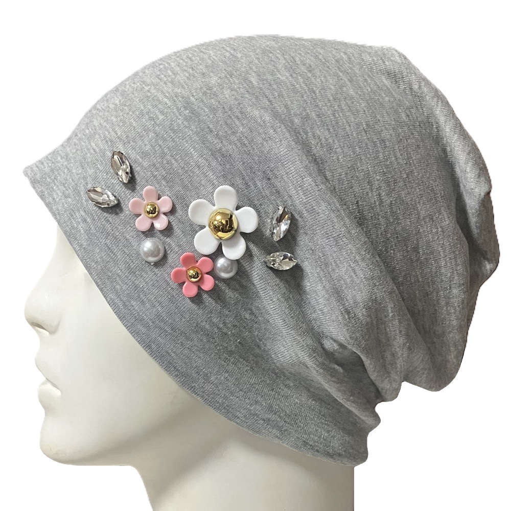 【抗がん剤治療】【医療用帽子】【ケア帽子】 ジュエルストーンキャップ：ライトグレー