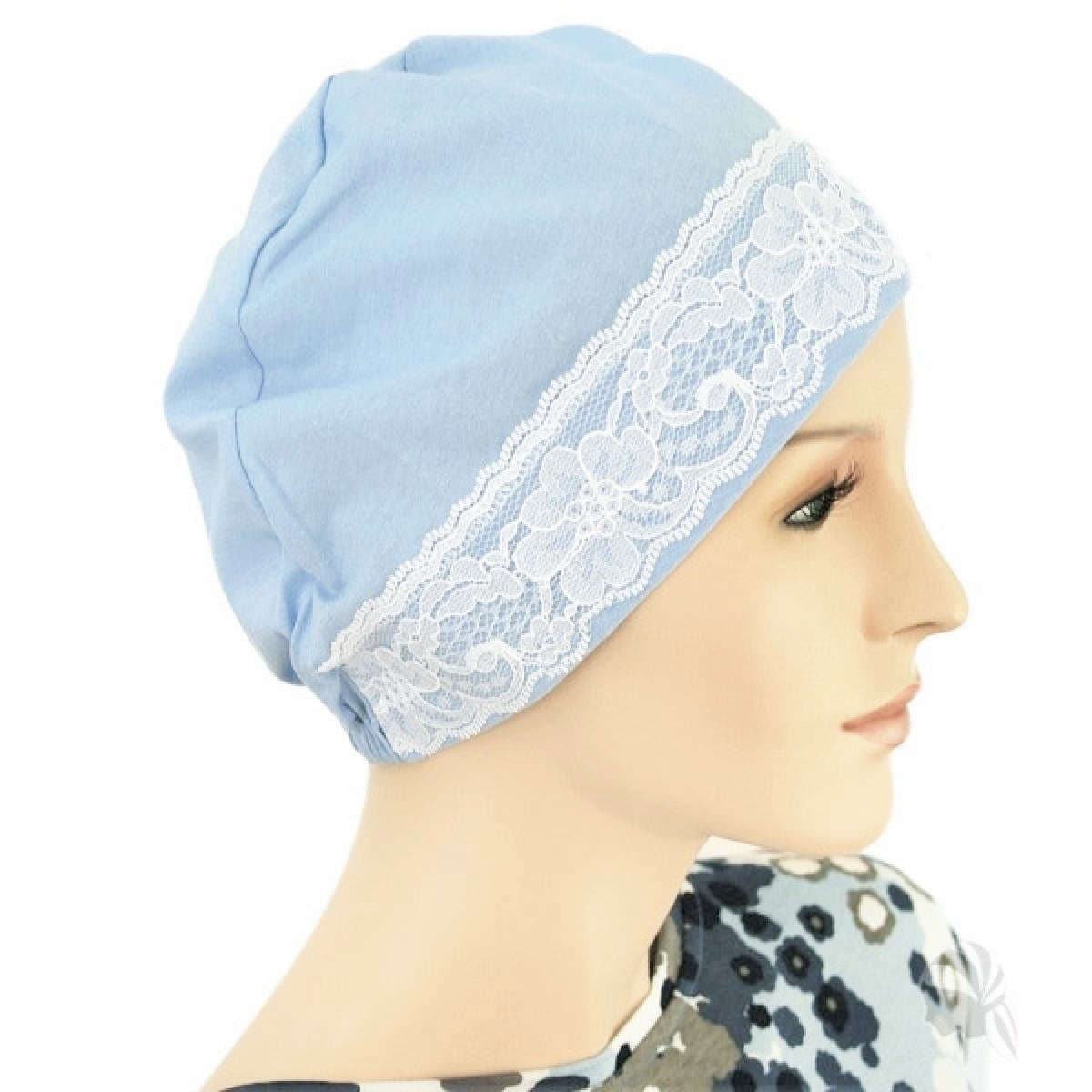 【抗がん剤治療】【医療用帽子】【ケア帽子】 レースキャップ：パウダーブルーレース