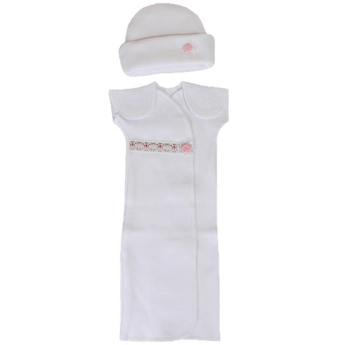 【未熟児】【低出生体重児】【早産児】【NICU】用 ベビー服：半袖ドレスオール 帽子付き ローズリボン （肩開き）