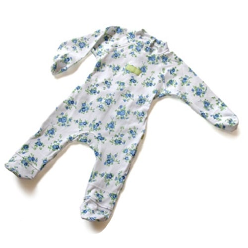 【アトピー】【水疱瘡】【皮膚炎】 100％ナチュラルコットン：おやすみスーツ手袋付き フローラル （0-3か月）