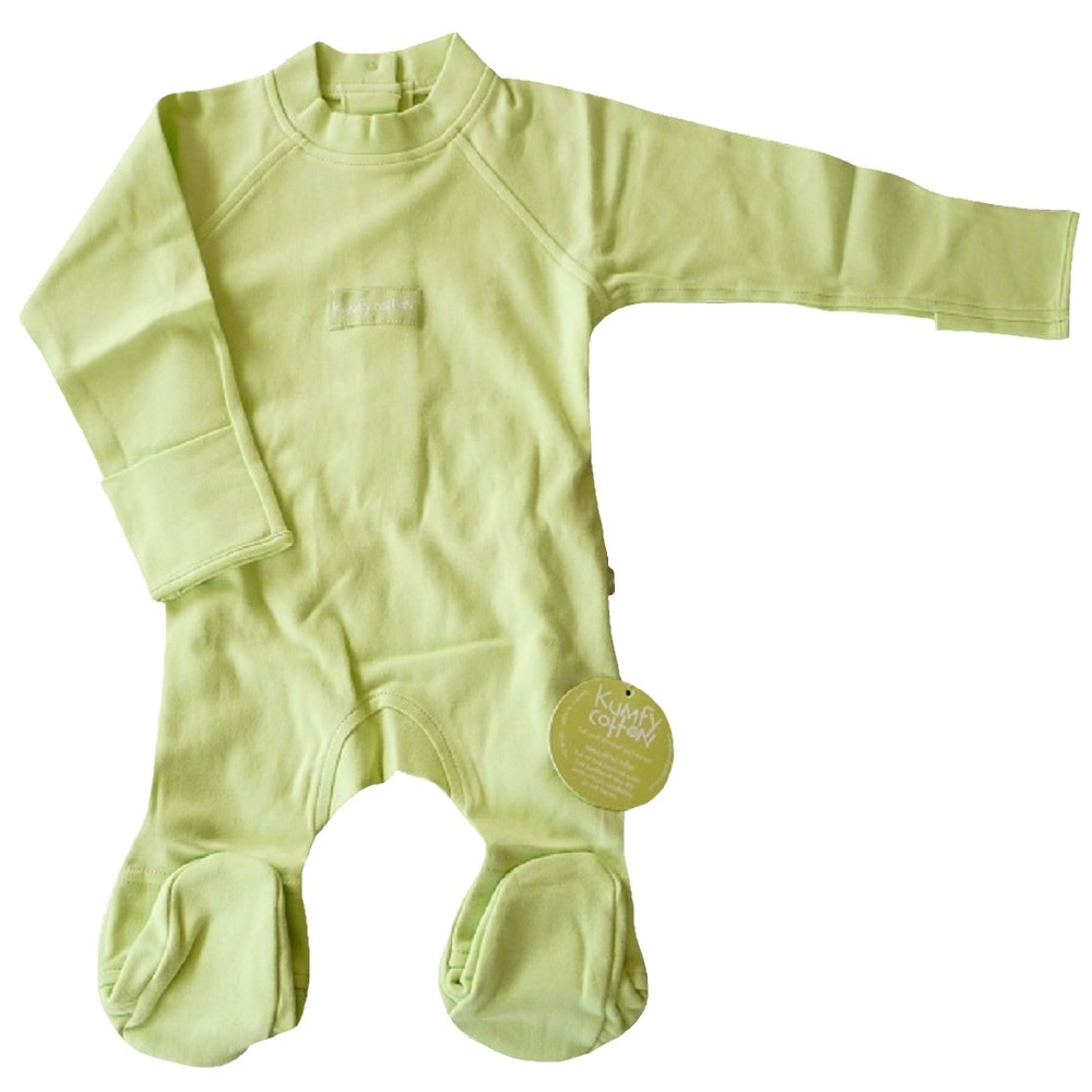 【アトピー】【水疱瘡】【皮膚炎】 100％ナチュラルコットン：おやすみスーツ手袋付き グリーン （0-3か月）