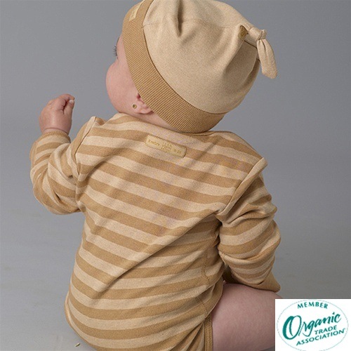 【アトピー】【引っ掻き】【ベビー】100％オーガニックコットン：手袋付き長袖ロンパス チェスナットストライプ （0-3か月）