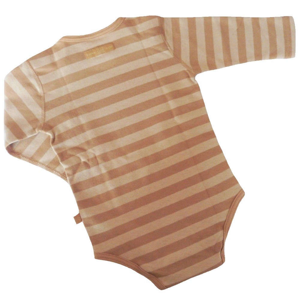 【アトピー】【引っ掻き】【ベビー】100％オーガニックコットン：手袋付き長袖ロンパス チェスナットストライプ （0-3か月）