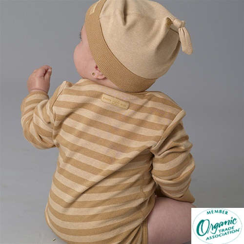 【アトピー】【引っ掻き】【ベビー】100％オーガニックコットン：手袋付き長袖ロンパス チェスナットストライプ （0-3か月）