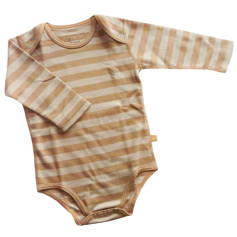 【アトピー】【引っ掻き】【ベビー】100％オーガニックコットン：手袋付き長袖ロンパス チェスナットストライプ （0-3か月）