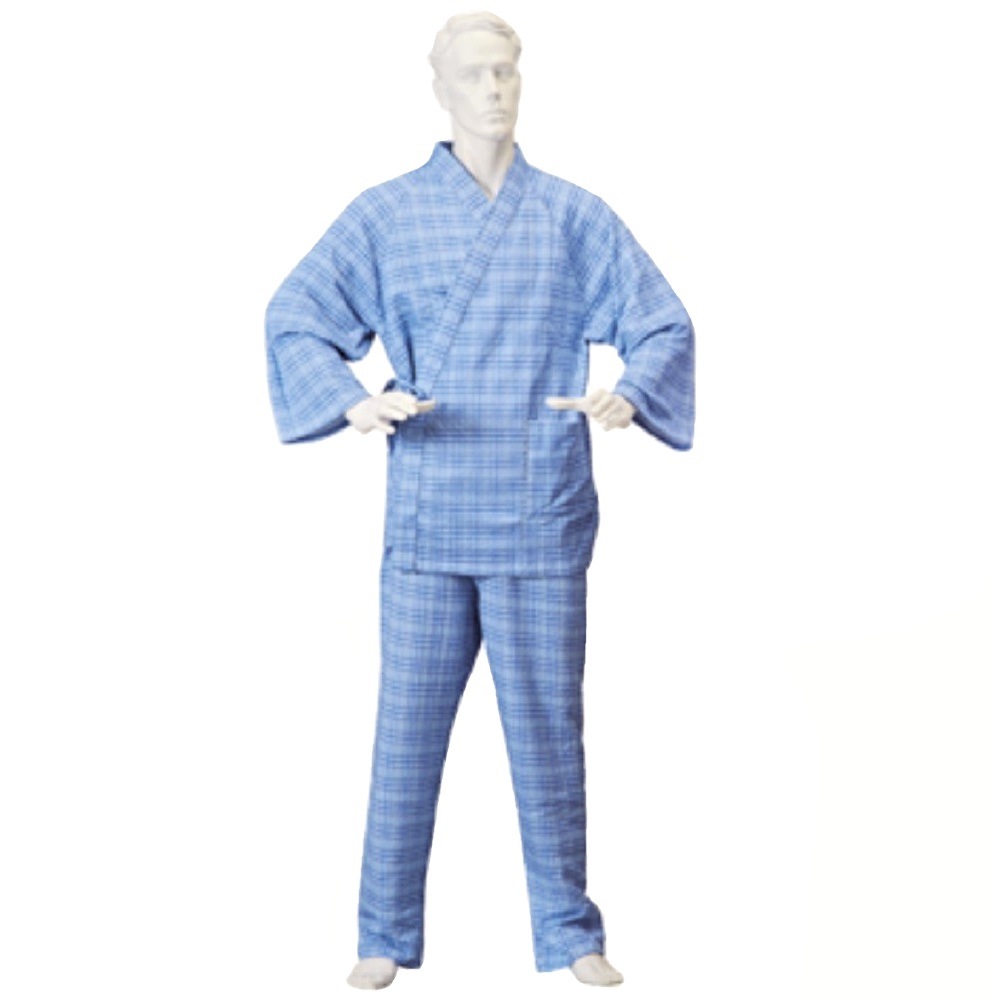 【ねまき】【パジャマ】【入院】 紳士パジャマ型ねまき 冬用綿キルト：ブルー