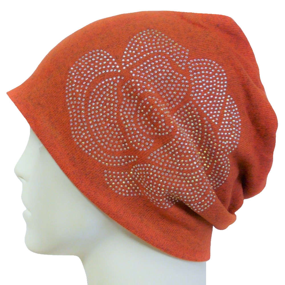 【抗がん剤治療】【医療用帽子】【ケア帽子】 ローズラインストーンキャップ：オレンジ