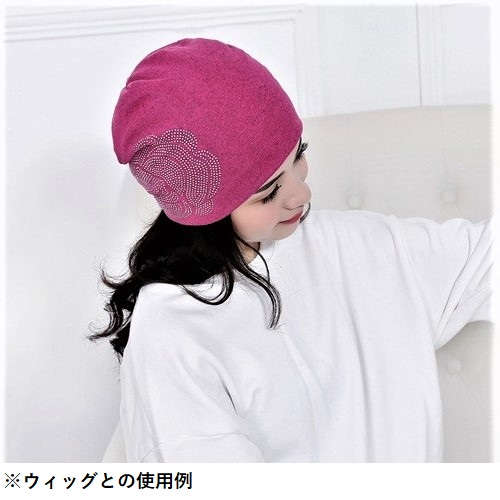 【抗がん剤治療】【医療用帽子】【ケア帽子】 ローズラインストーンキャップ：ピンク