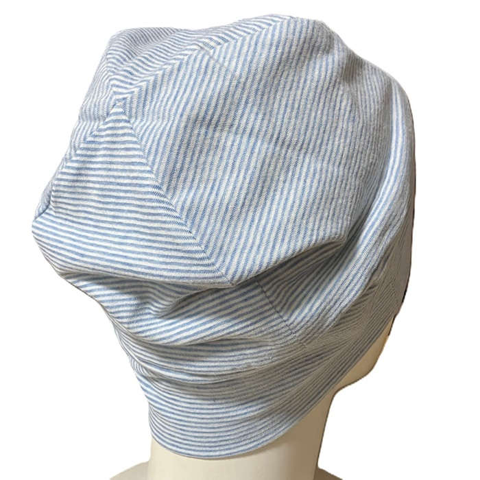 【抗がん剤治療】【医療用帽子】【ケア帽子】アイコニックボーダーシャロット：ブルー