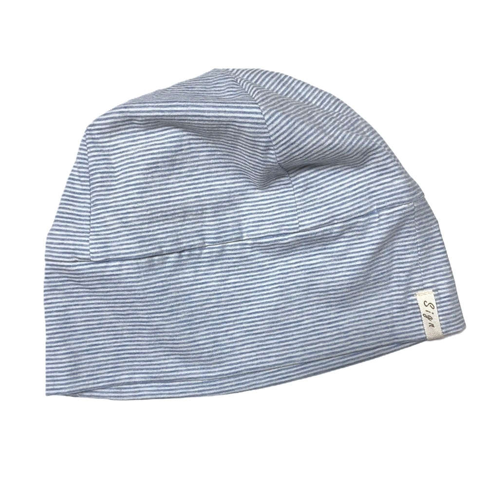 【抗がん剤治療】【医療用帽子】【ケア帽子】アイコニックボーダーシャロット：ブルー