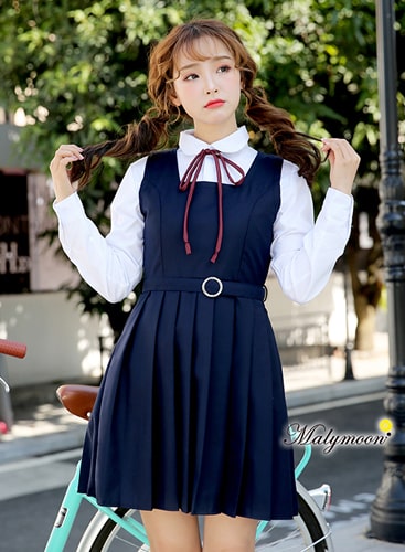 【即日発送】JK制服/紺ワンピース女子高生（半袖/長袖）赤紐リボン《ハロウィンコスプレ4点セット》【Malymoon/マリームーン】【6716】