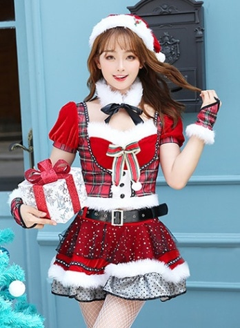 【1～3営業日で発送】チェック柄サンタクロース《クリスマスコスプレ8点セット》【Malymoon/マリームーン】【8382】