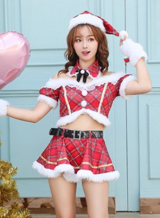 【1～3営業日で発送】オフショルチェック柄サンタクロース《クリスマスコスプレ7点セット》Malymoon/マリームーン【7552-2】