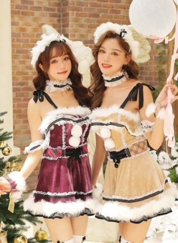 【1～3営業日で発送】[Malymoon限定販売]リボンショルダーサンタ3カラー《クリスマスコスプレ5点セット》【Malymoon/マリームーン】【m9723】