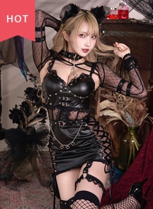 【予約-7月中旬頃より順次発送予定】レディブラックレザーウルフヴィラン《ハロウィンコスプレ8点セット》【Malymoon/マリームーン】【9989】