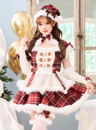 【MLサイズは予約】ミルキーニットダッフルチェックサンタ《クリスマスコスプレ7点セット》【Malymoon/マリームーン】【CS25056】