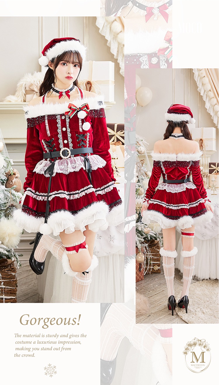 【即日発送】【藤咲凪着用】オフショルダープリンセスラインサンタ《クリスマスコスプレ7点セット》【Malymoon/マリームーン】【CS25055】
