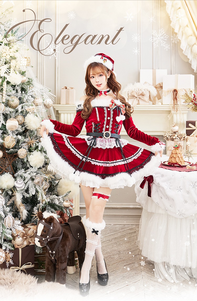 【即日発送】オフショルダープリンセスラインサンタ《クリスマスコスプレ7点セット》【Malymoon/マリームーン】【CS25055-2】