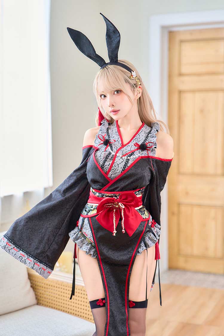 Malymoon マリームーン　ロングスリット巫女バニー　ブラック 即日発送】ロングスリット巫女バニー《オリジナルコスプレ9点セット