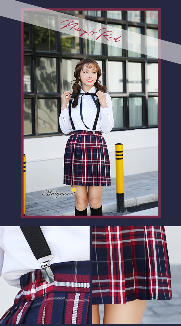 【取り寄せ】JK制服/チェック柄プリーツスカート女子高生（長袖）サスペンダー《ハロウィンコスプレ4点セット》【Malymoon/マリームーン】【odr6722】