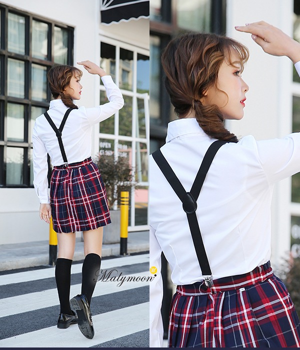 【取り寄せ】JK制服/チェック柄プリーツスカート女子高生（長袖）サスペンダー《ハロウィンコスプレ4点セット》【Malymoon/マリームーン】【odr6722】