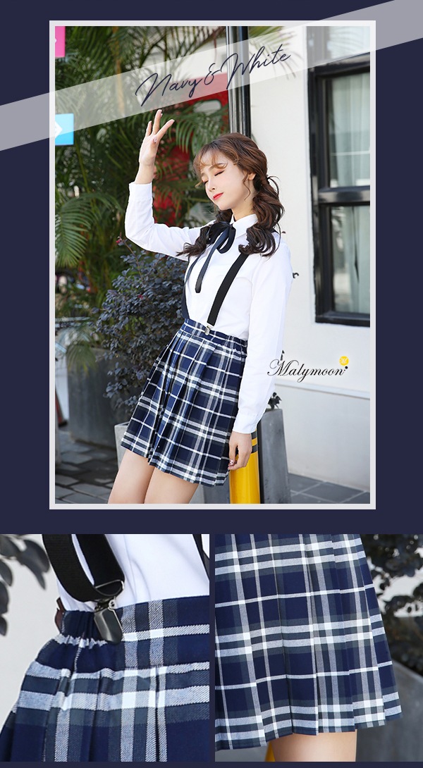 【取り寄せ】JK制服/チェック柄プリーツスカート女子高生（長袖）サスペンダー《ハロウィンコスプレ4点セット》【Malymoon/マリームーン】【odr6722】