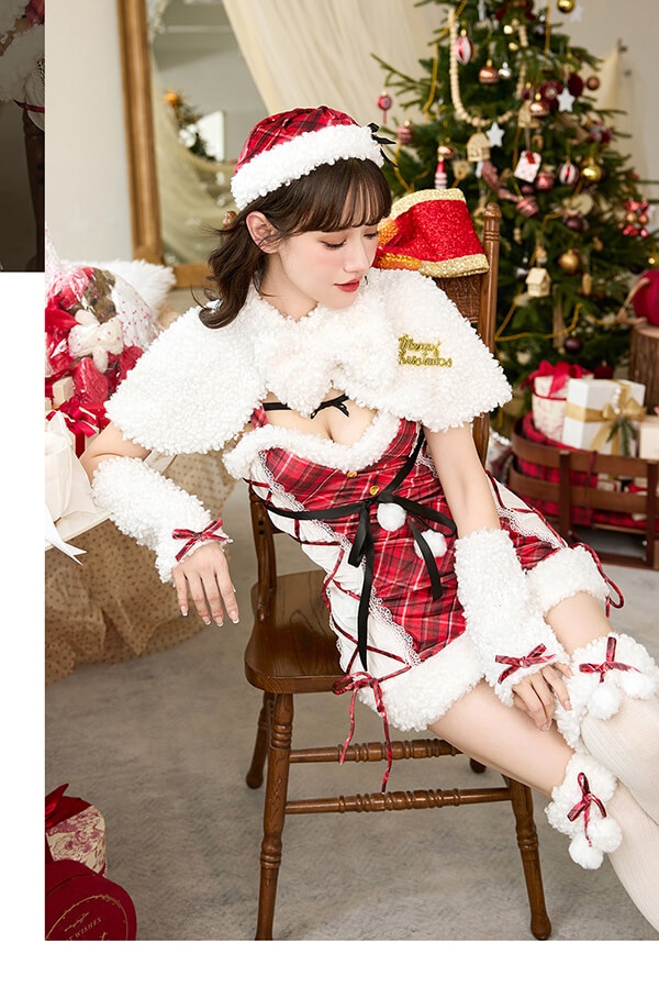【1~3営業日で発送】スパークリングチェックファーケープサンタ《クリスマスコスプレ6点セット》【Malymoon/マリームーン】【10041】