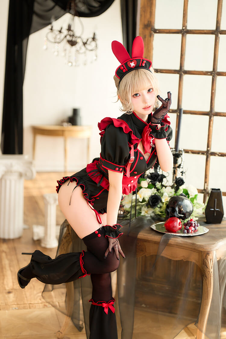 【予約-9月中旬頃より順次発送予定】レッドムーンバニーナース《ハロウィンコスプレ11点セット》【Malymoon/マリームーン】【CS25230】