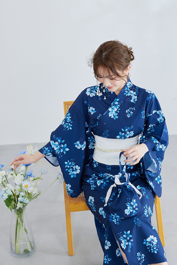 【2～3営業日で発送】ネイビーコントラスト花柄2way浴衣《浴衣4点セット》【Malymoon/マリームーン】【YK2510318】