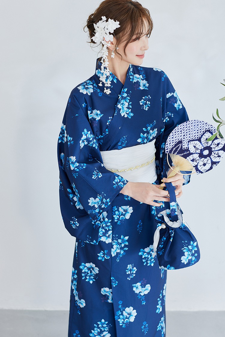 【2～3営業日で発送】ネイビーコントラスト花柄2way浴衣《浴衣4点セット》【Malymoon/マリームーン】【YK2510318】