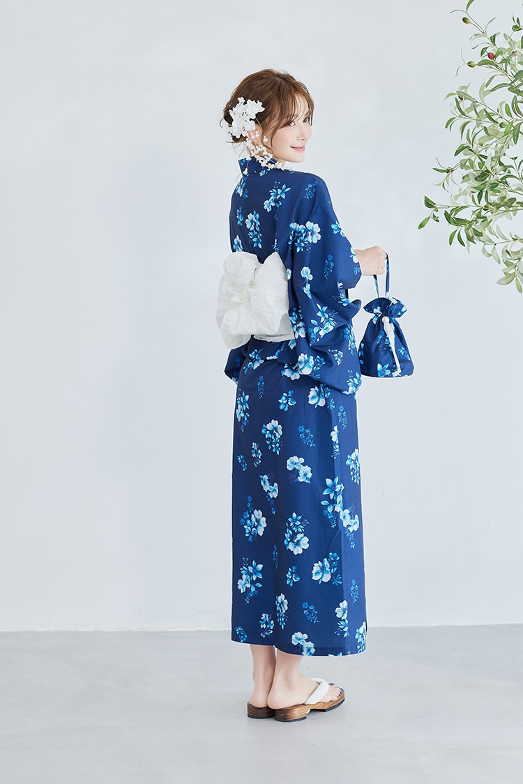 【2～3営業日で発送】ネイビーコントラスト花柄2way浴衣《浴衣4点セット》【Malymoon/マリームーン】【YK2510318】