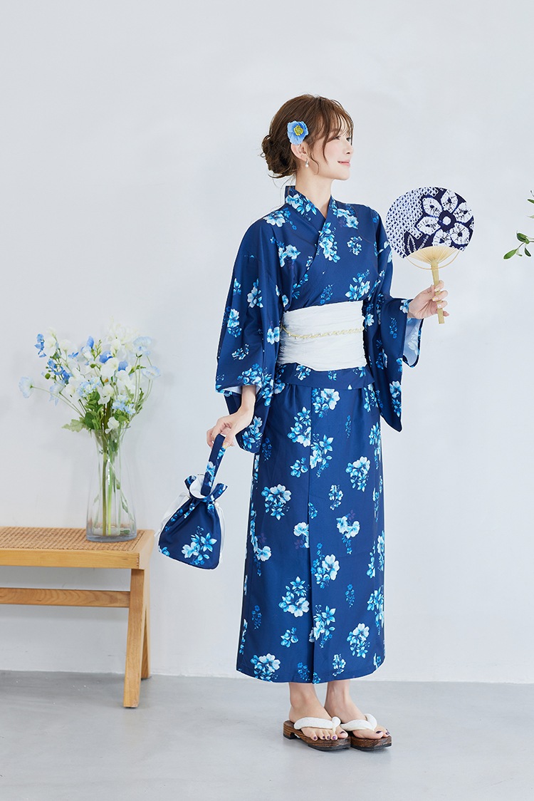 【2～3営業日で発送】ネイビーコントラスト花柄2way浴衣《浴衣4点セット》【Malymoon/マリームーン】【YK2510318】