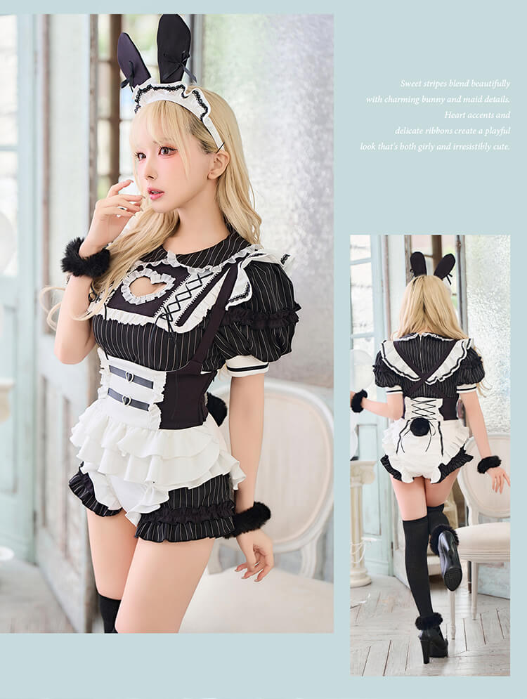 【即日発送】ラブストライプバニーメイド 《ハロウィンコスプレ7点セット》【Malymoon/マリームーン】【CS26066】 