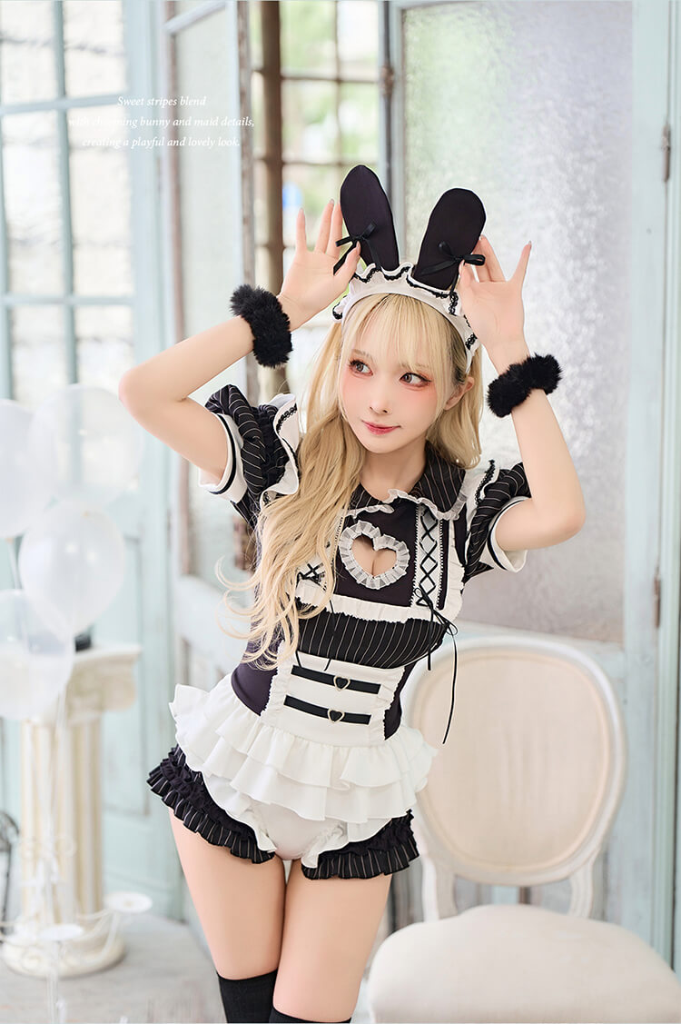 【即日発送】ラブストライプバニーメイド 《ハロウィンコスプレ7点セット》【Malymoon/マリームーン】【CS26066】 