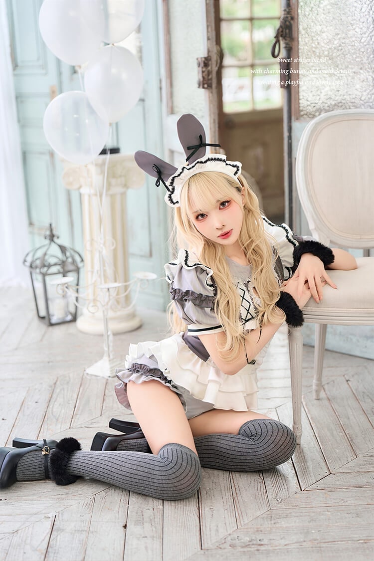 即日発送】ラブストライプバニーメイド 《ハロウィンコスプレ7点セット