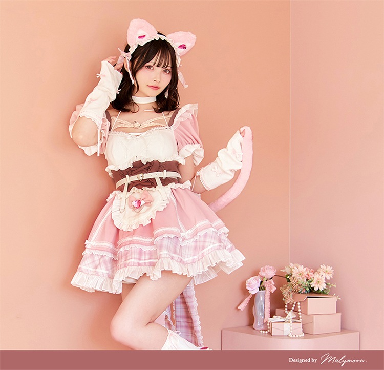 【即日発送】【すずらコラボ】ロージーチェック猫耳ニットメイド《ハロウィンコスプレ9点セット》【Malymoon/マリームーン】【CS25121】