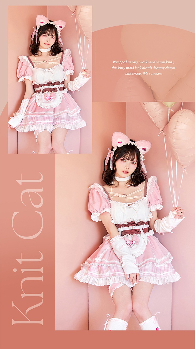 【即日発送】【すずらコラボ】ロージーチェック猫耳ニットメイド《ハロウィンコスプレ9点セット》【Malymoon/マリームーン】【CS25121】